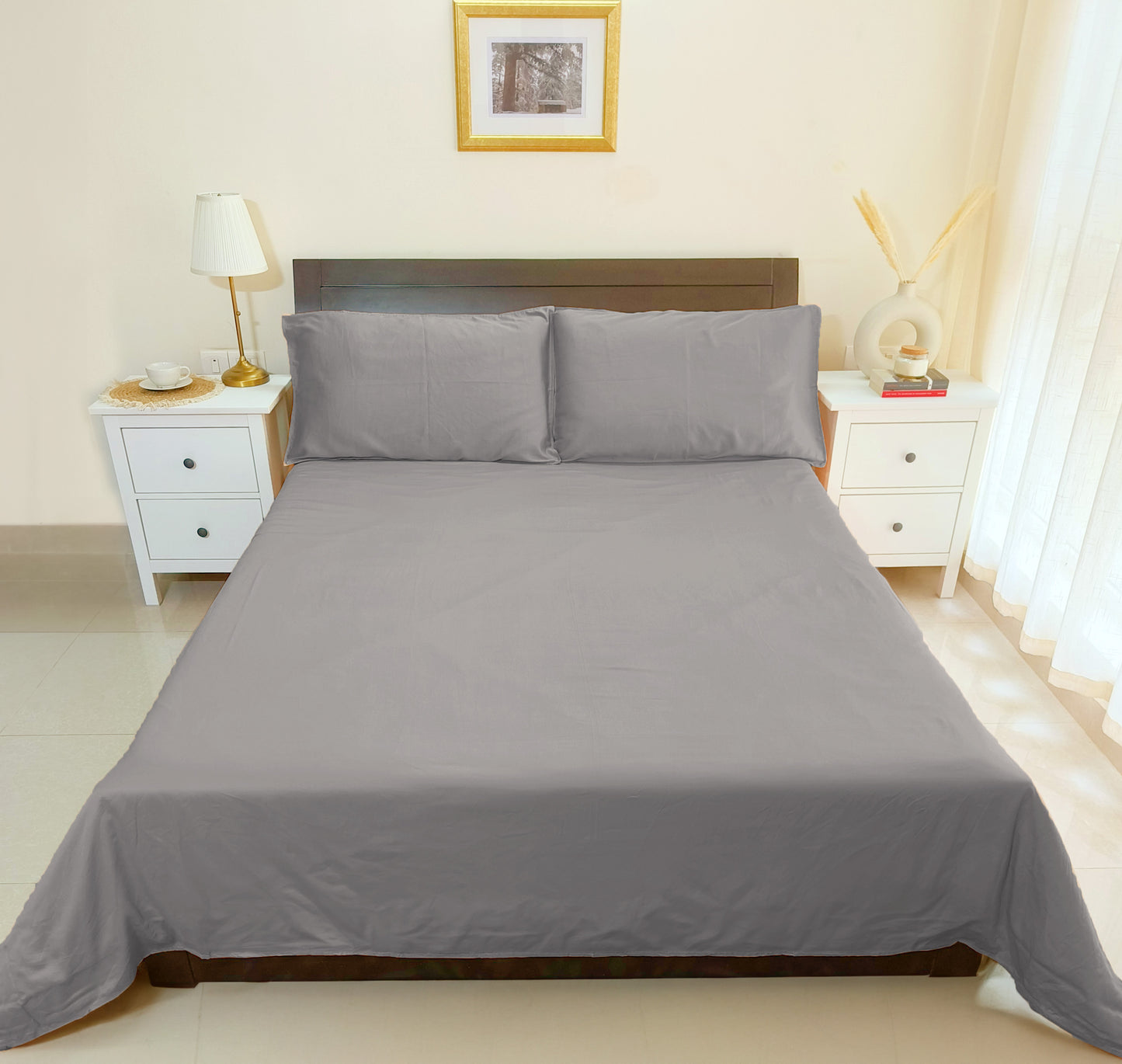 Cotton 300TC Solid Bedsheet (Ash Grey)