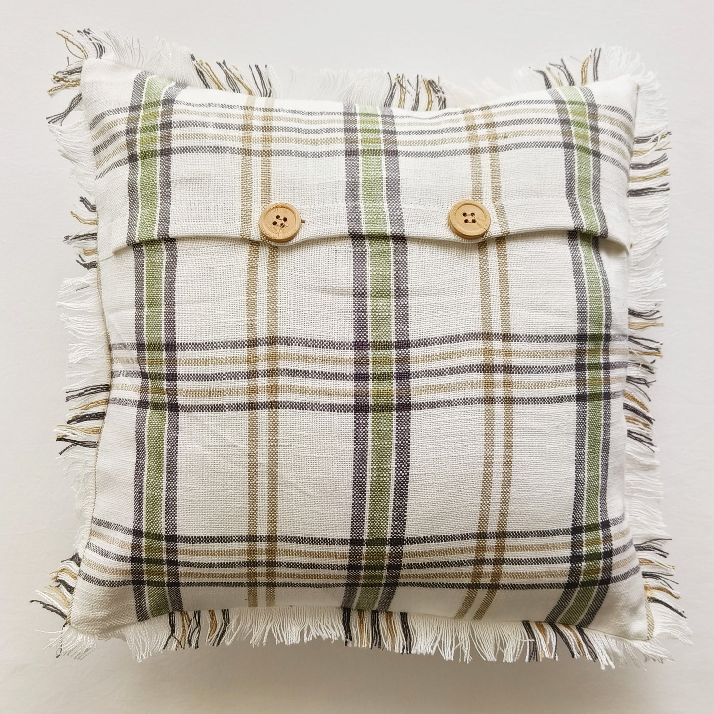 Fringes Decorative Cushion Covers Set of 2 - Cotton (Green & White Checks)