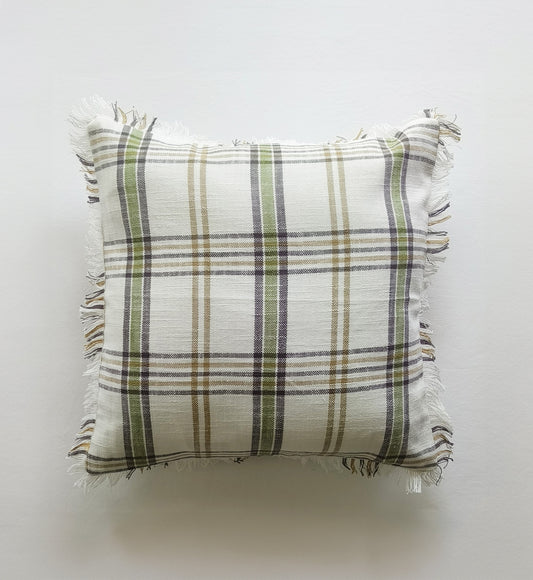 Fringes Decorative Cushion Covers Set of 2 - Cotton (Green & White Checks)