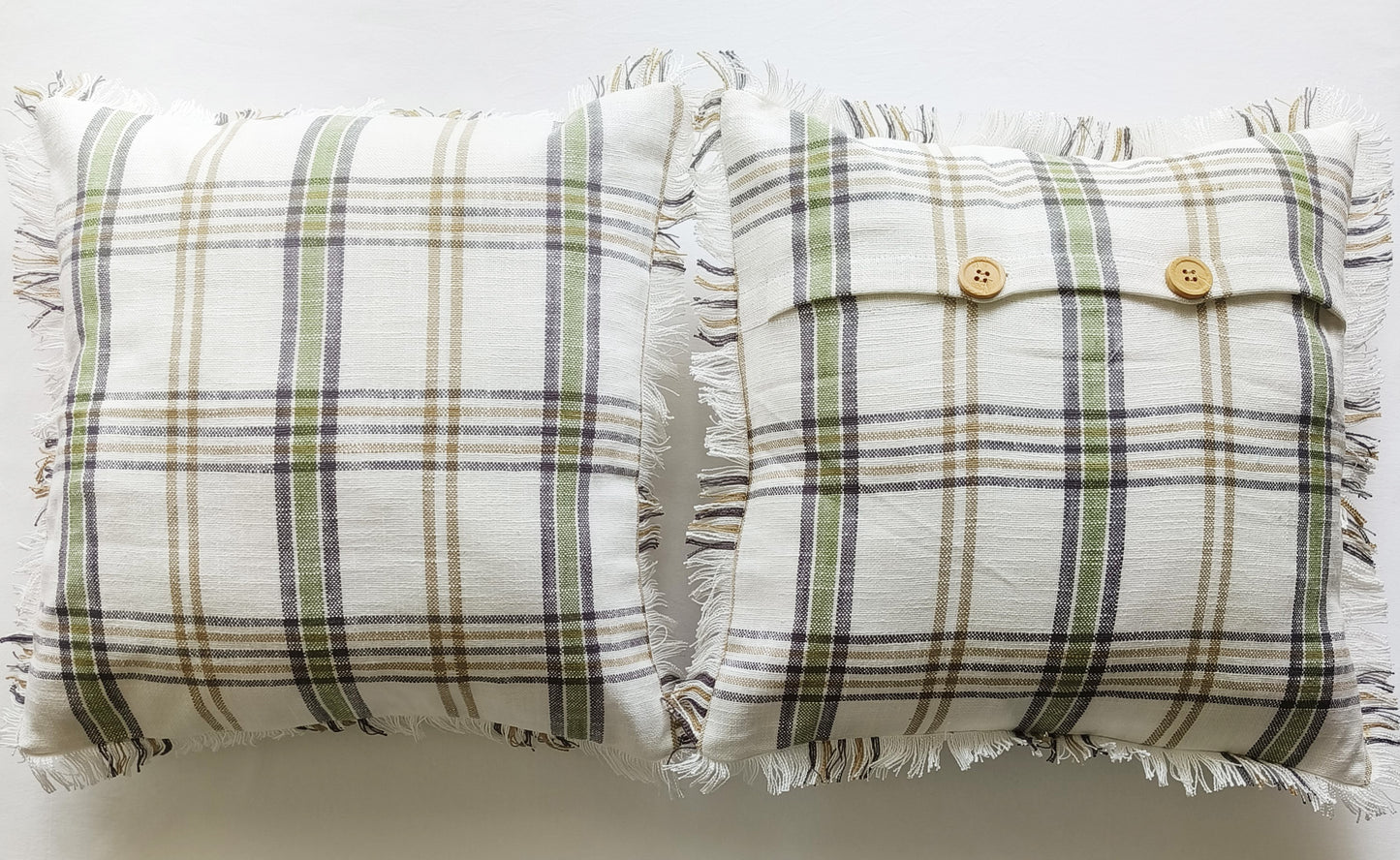 Fringes Decorative Cushion Covers Set of 2 - Cotton (Green & White Checks)