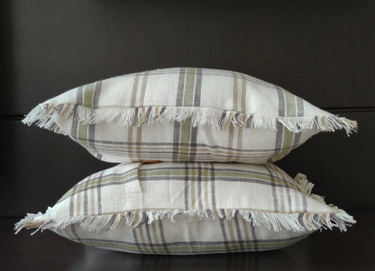 Fringes Decorative Cushion Covers Set of 2 - Cotton (Green & White Checks)