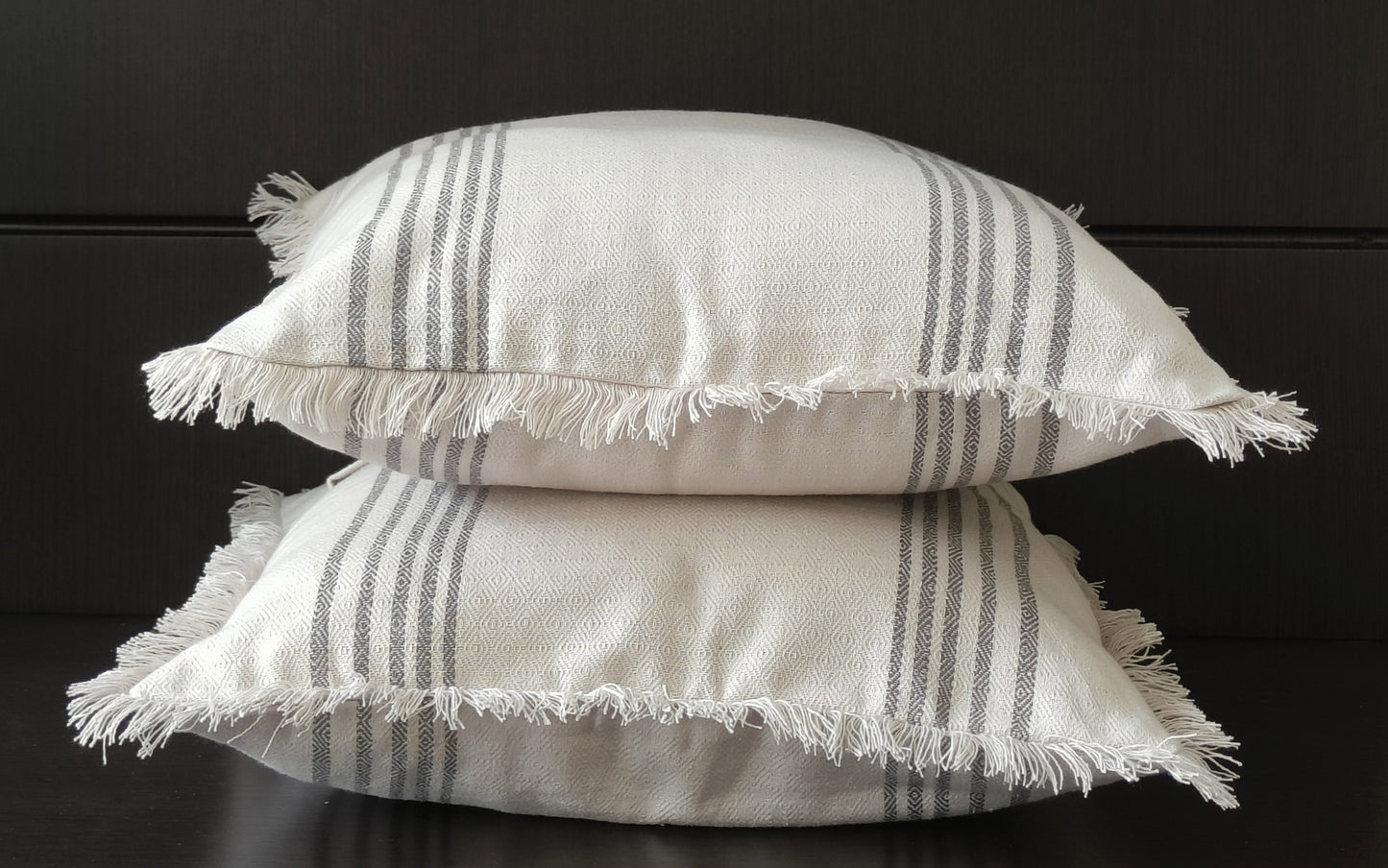 Fringes Decorative Cushion Covers Set of 2 - Cotton (Black & Beige Stripes)