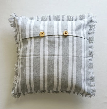 Fringes Decorative Cushion Covers Set of 2 - Cotton (Grey & White Stripes)