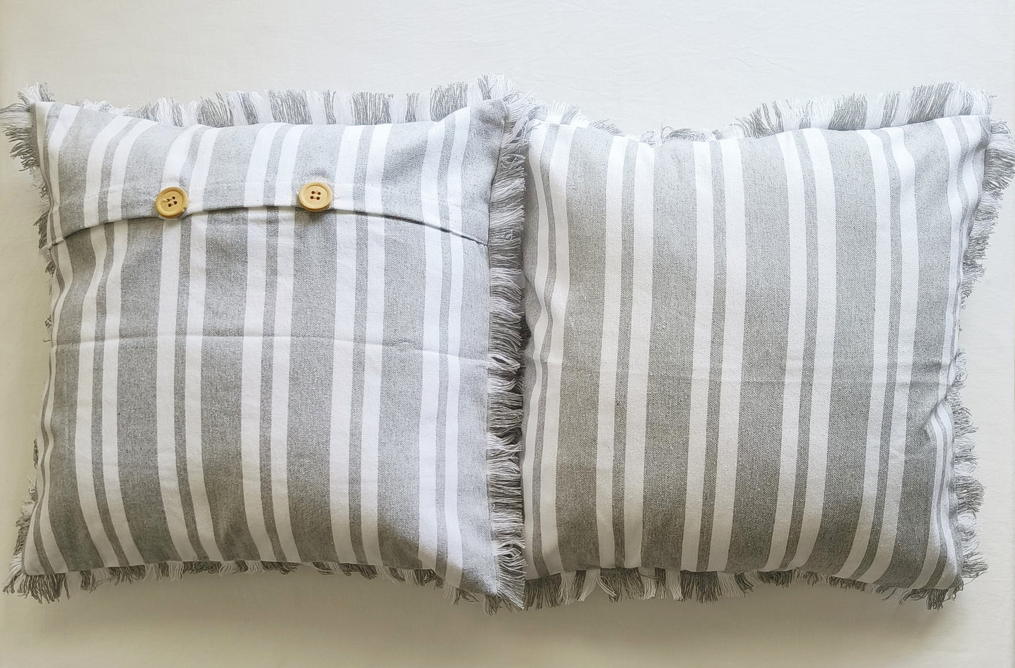 Fringes Decorative Cushion Covers Set of 2 - Cotton (Grey & White Stripes)