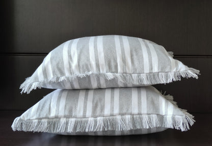 Fringes Decorative Cushion Covers Set of 2 - Cotton (Grey & White Stripes)