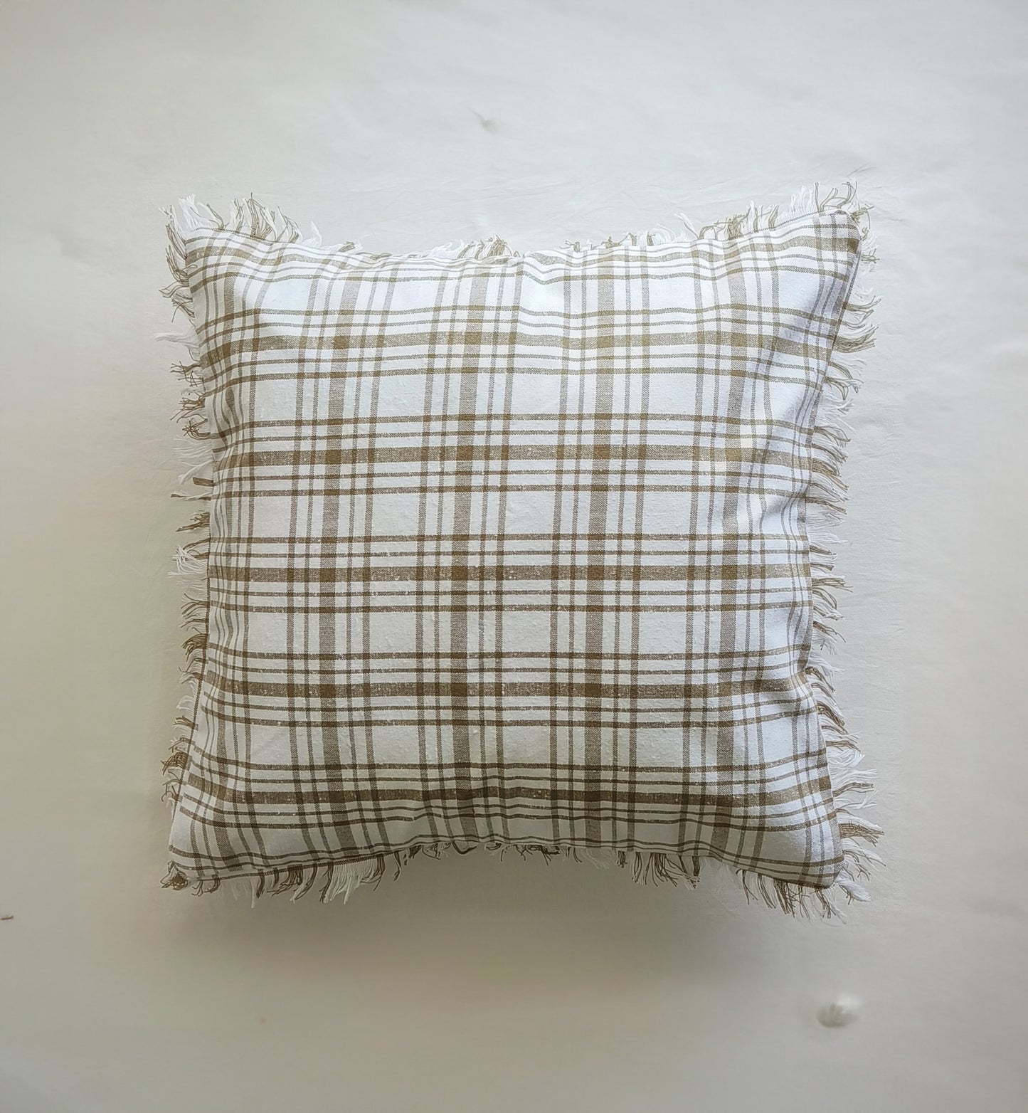 Fringes Decorative Cushion Covers Set of 2 - Cotton (Brown & White Checks)