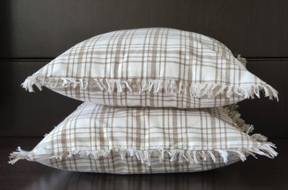 Fringes Decorative Cushion Covers Set of 2 - Cotton (Brown & White Checks)